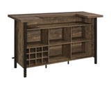 Close-up of rustic oak finish and metal accents on bar unit