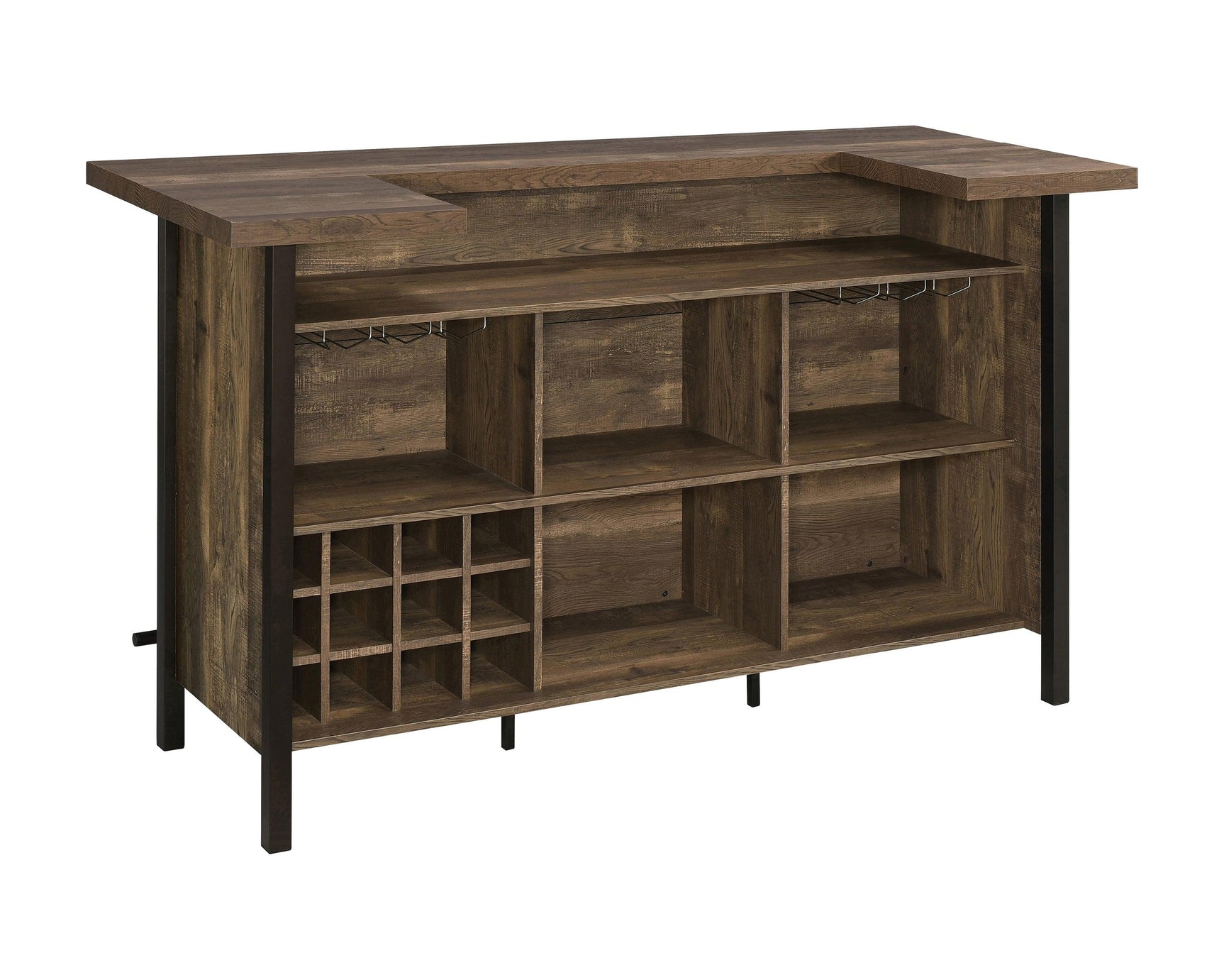 Close-up of rustic oak finish and metal accents on bar unit