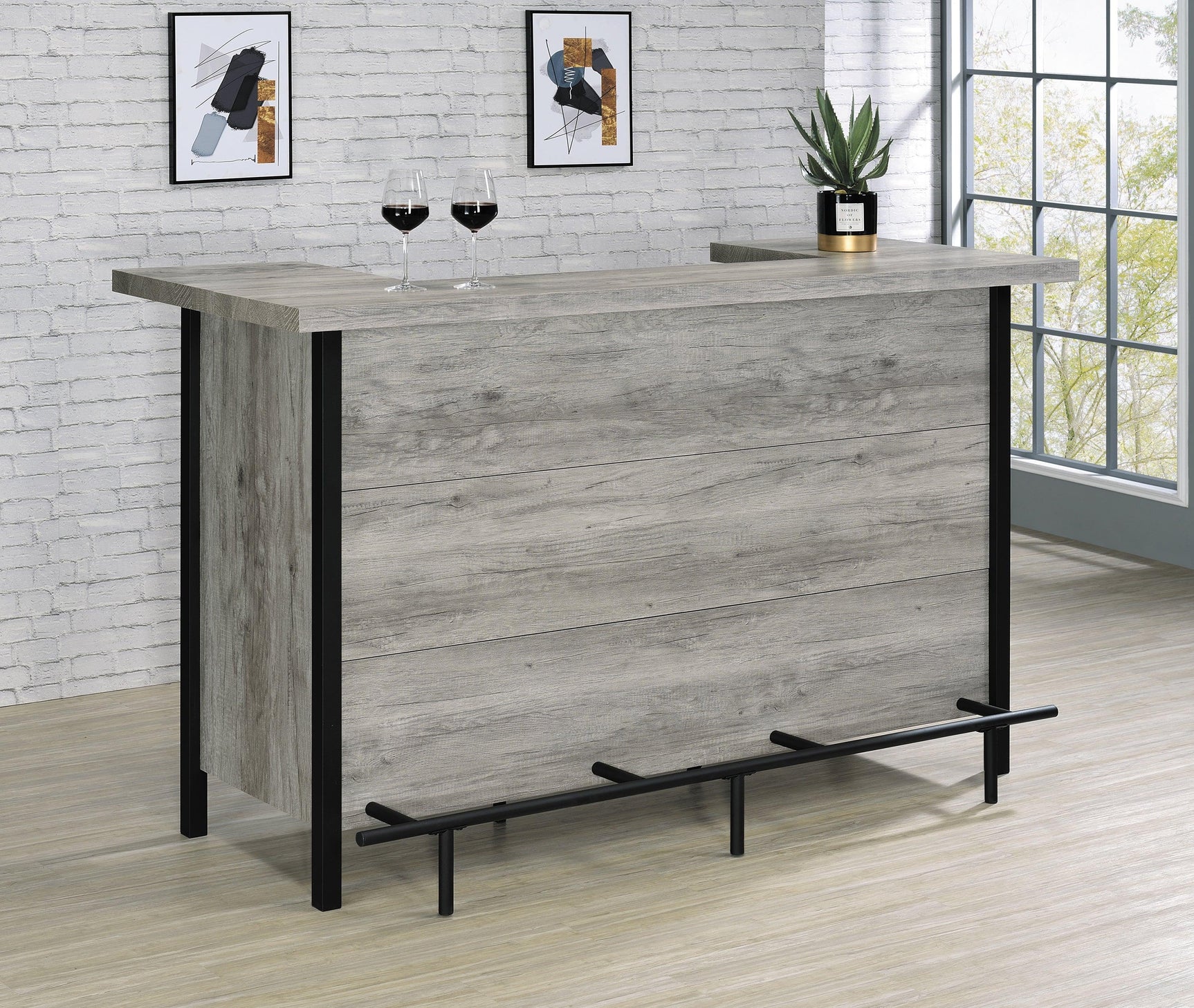 Close-up of Bellemore bar unit tempered glass top and stemware racks
