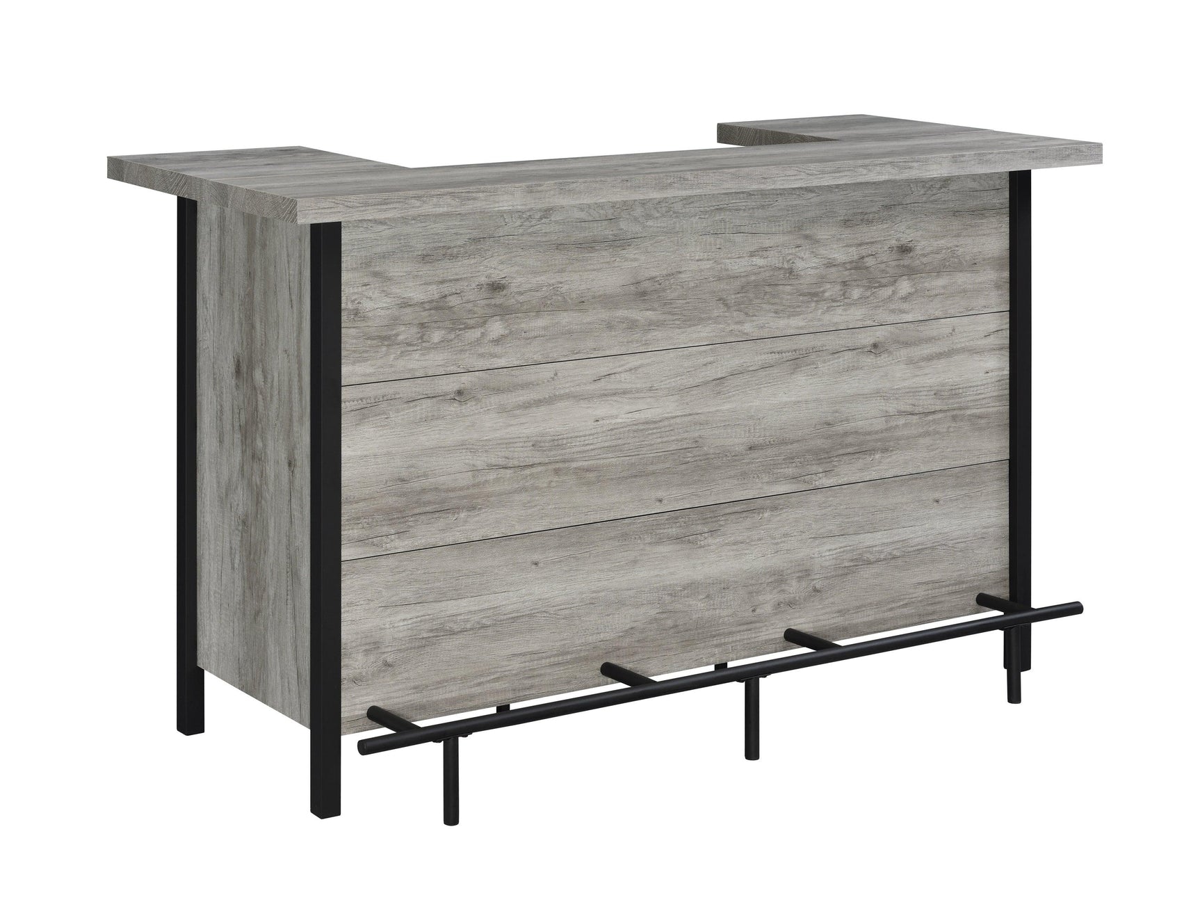 Back tiered shelves and compartments of Bellemore bar unit