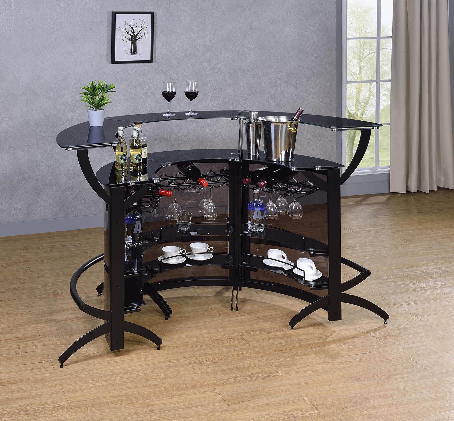 Dallas Curved Black Bar Unit front view with smoke acrylic glass