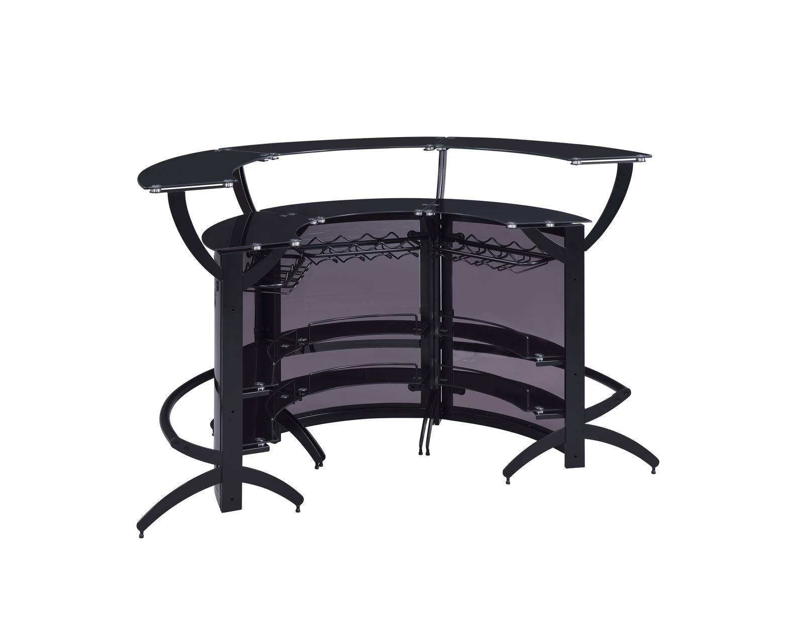 Side angle of Dallas Curved Bar Unit showing storage shelves