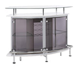 Bar unit with steel footrest and hanging glassware display