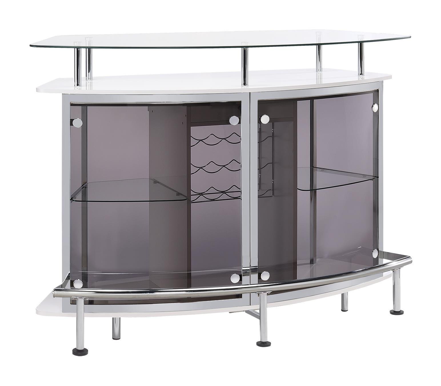 Bar unit with steel footrest and hanging glassware display