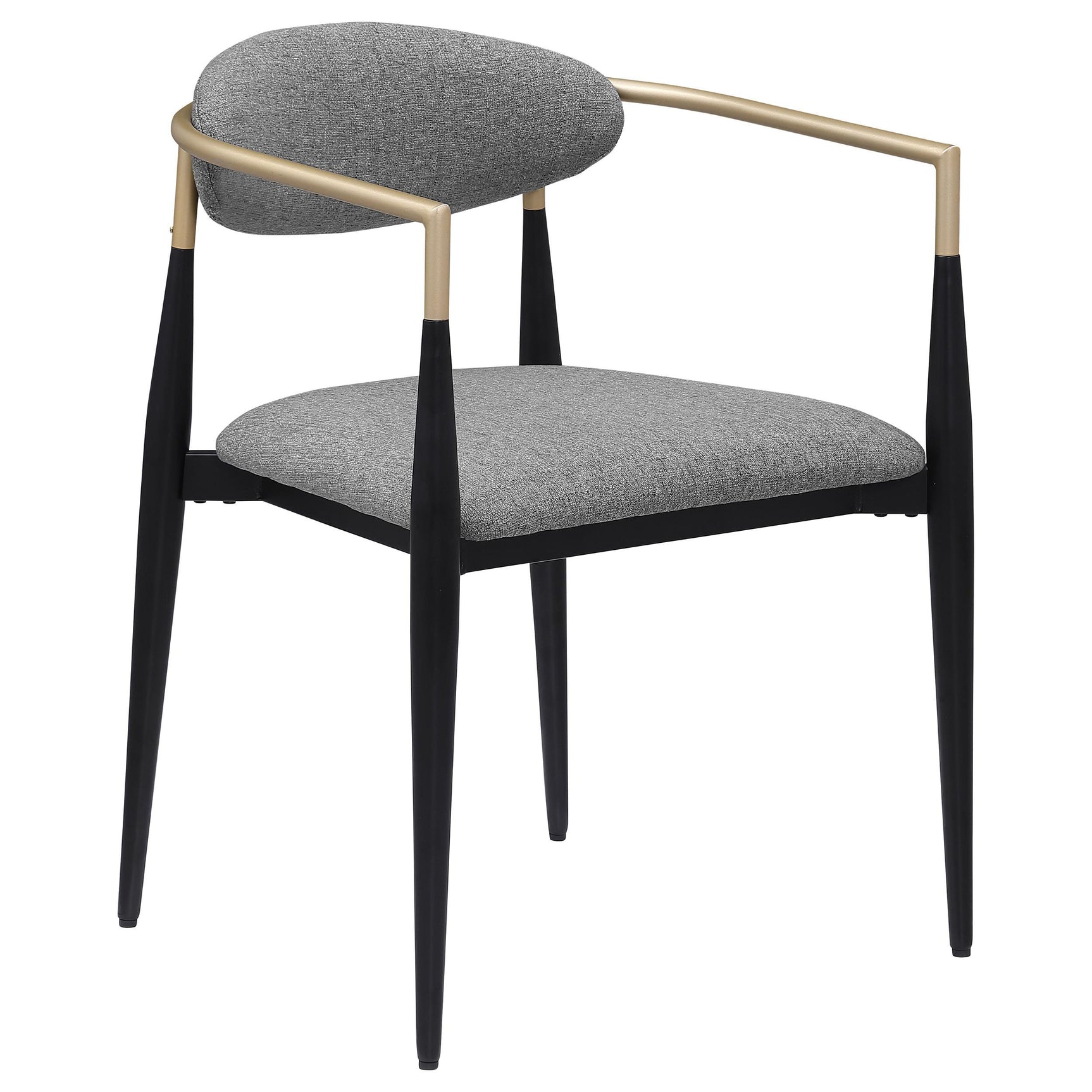Detailed view of the padded grey fabric seat and oval backrest