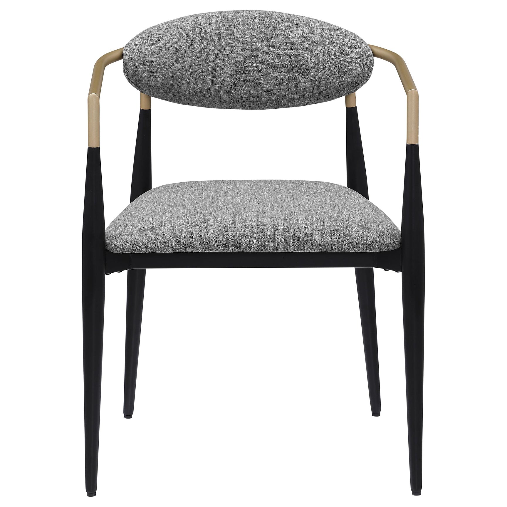 Closeup of the black powder-coated metal frame and gold armrests