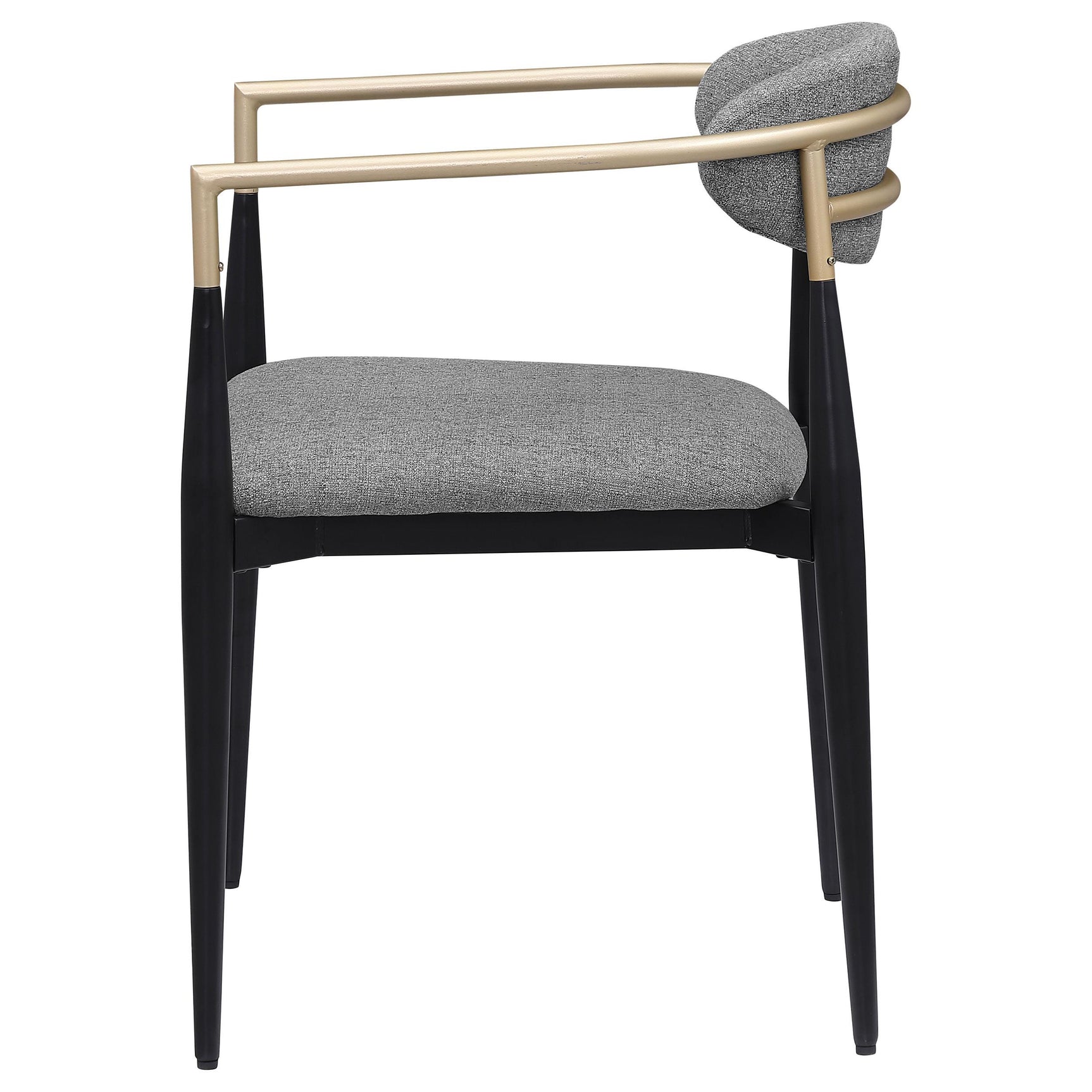 Alexis grey fabric upholstered dining arm chair with gold armrests, side view