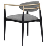 Alexis grey fabric upholstered dining arm chair with gold armrests, side view