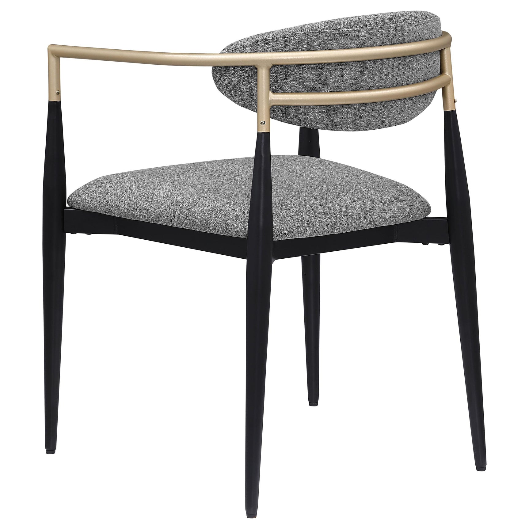 Alexis grey fabric upholstered dining arm chair with gold armrests, side view
