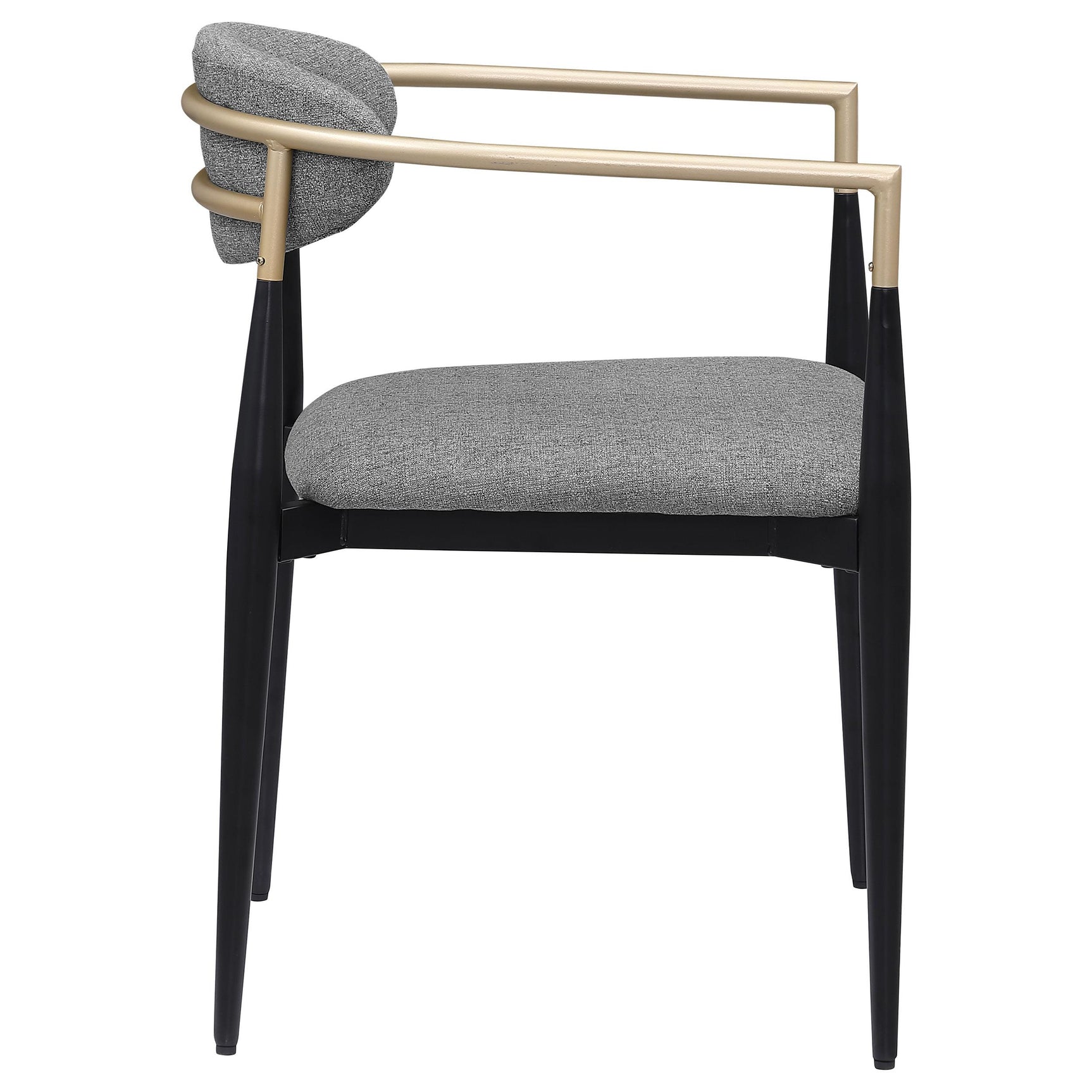 Alexis grey fabric upholstered dining arm chair with gold armrests, side view