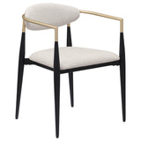 Beige upholstered dining chair with curved backrest close-up