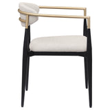 Alexis beige fabric upholstered dining arm chair front angle