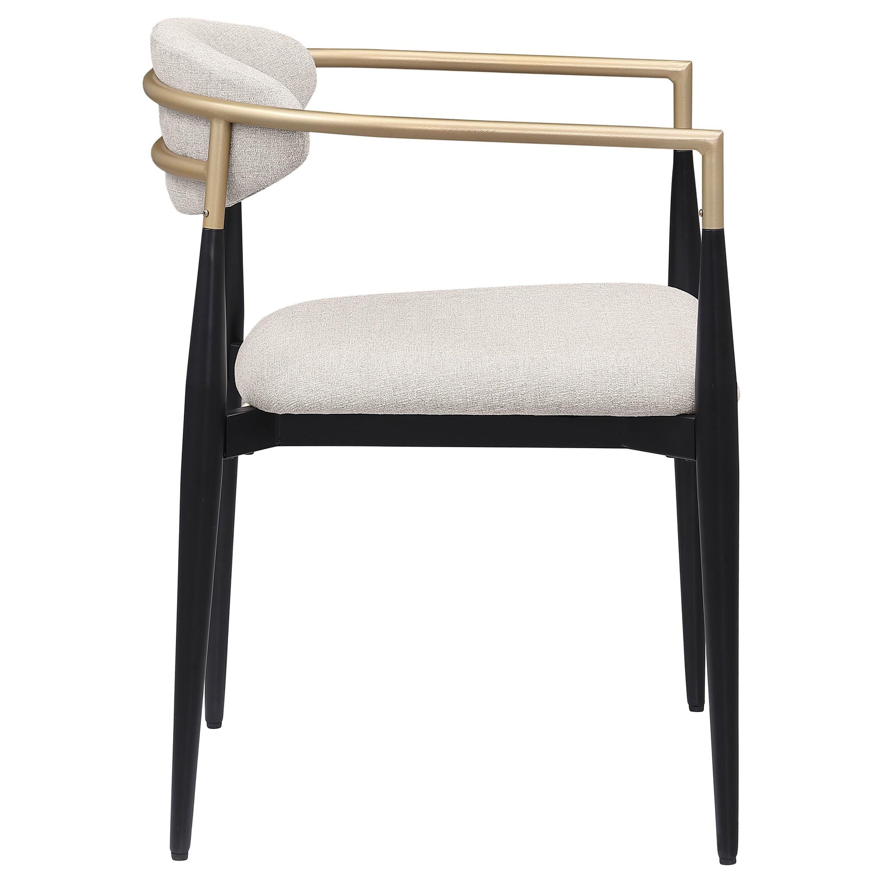 Alexis beige fabric upholstered dining arm chair front angle