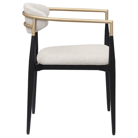 Alexis beige fabric upholstered dining arm chair front angle
