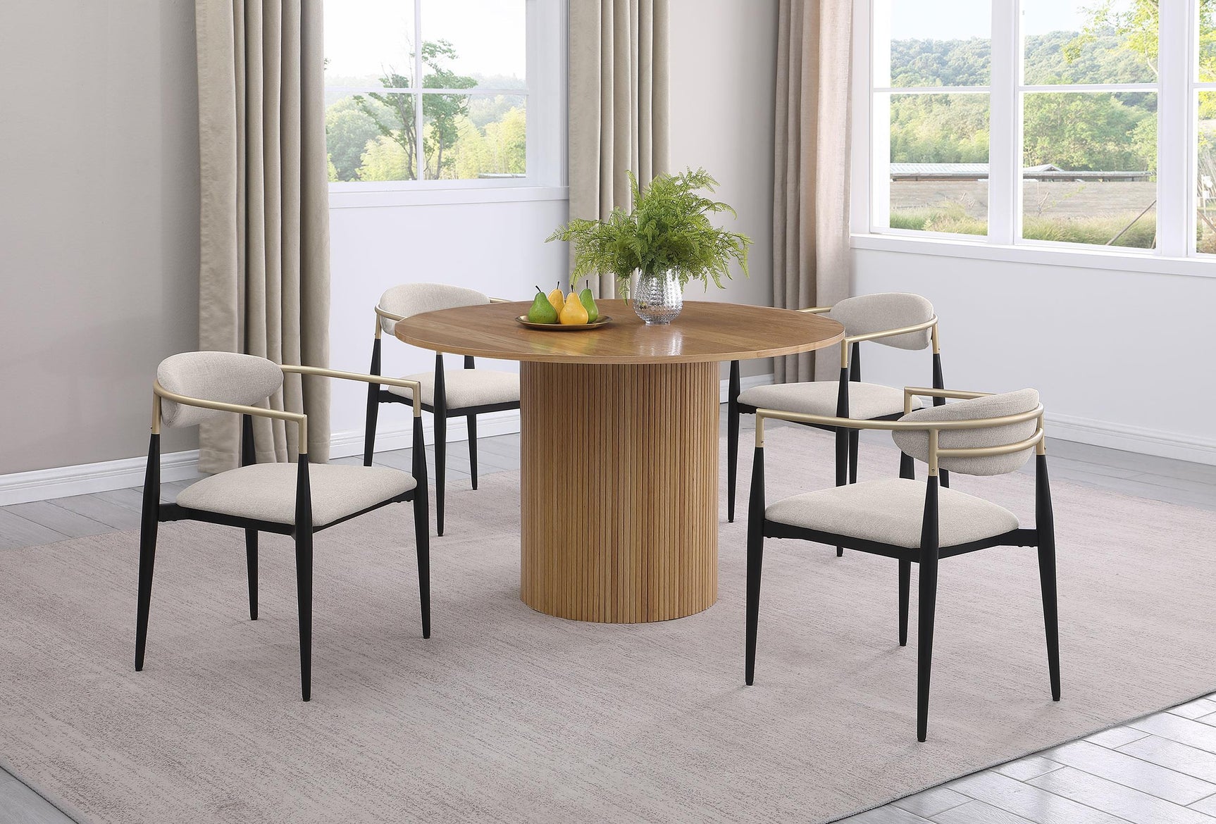 Alexis beige fabric upholstered dining arm chair front angle