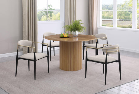 Alexis beige fabric upholstered dining arm chair front angle
