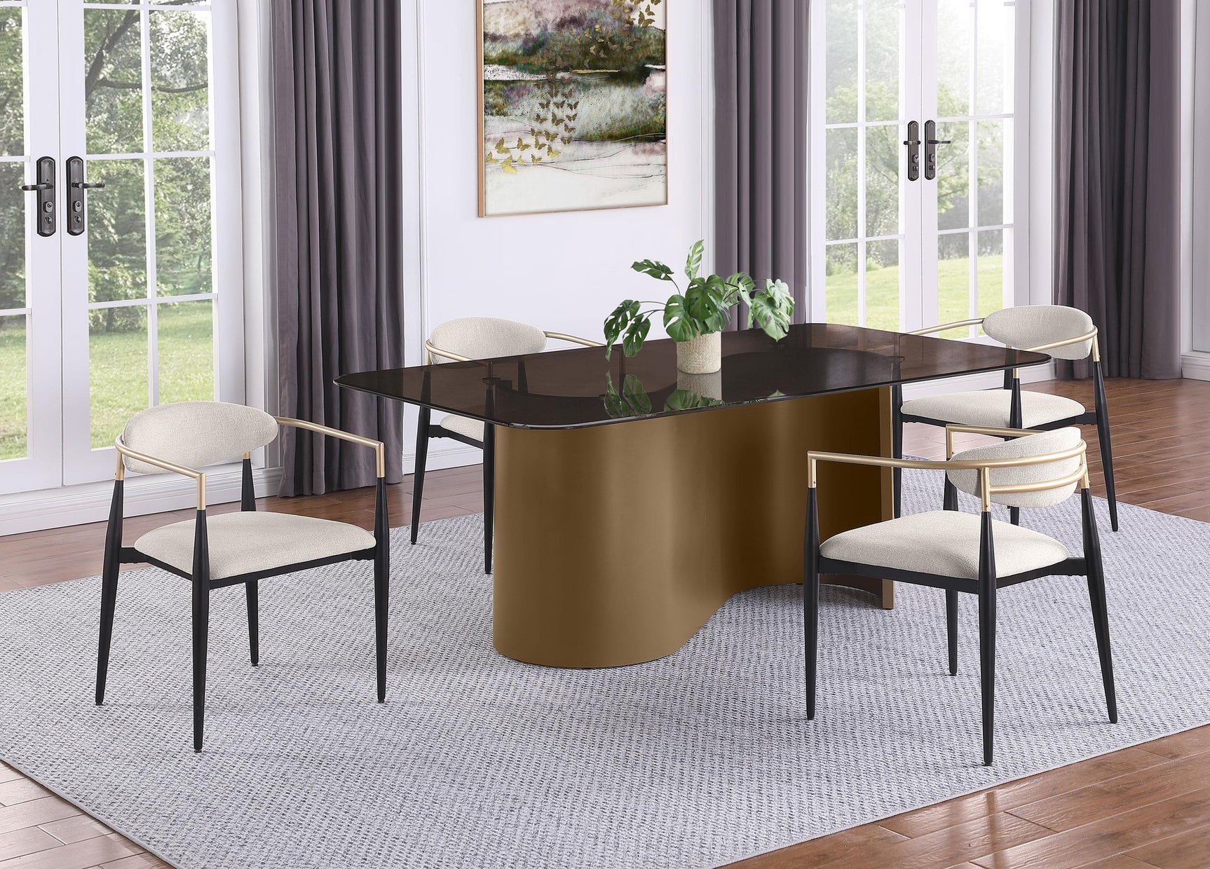 Alexis beige fabric upholstered dining arm chair front angle