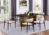 Alexis beige fabric upholstered dining arm chair front angle