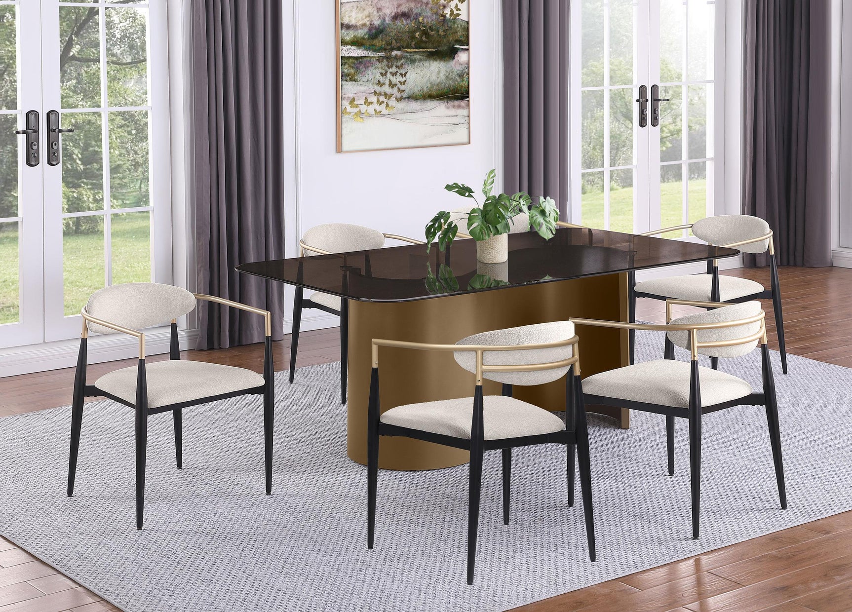 Alexis beige fabric upholstered dining arm chair front angle