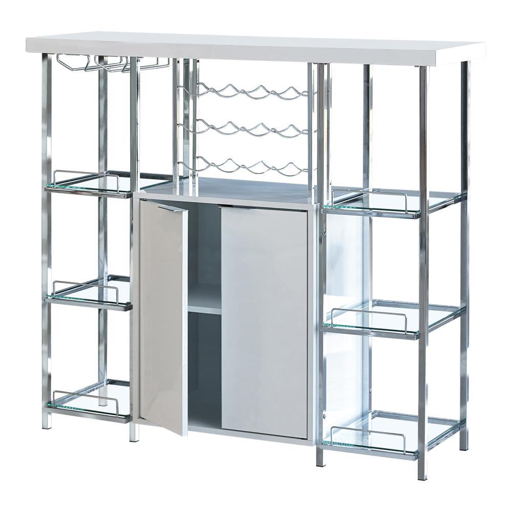 Gallimore Bar Cabinet glass shelves with stemware rack