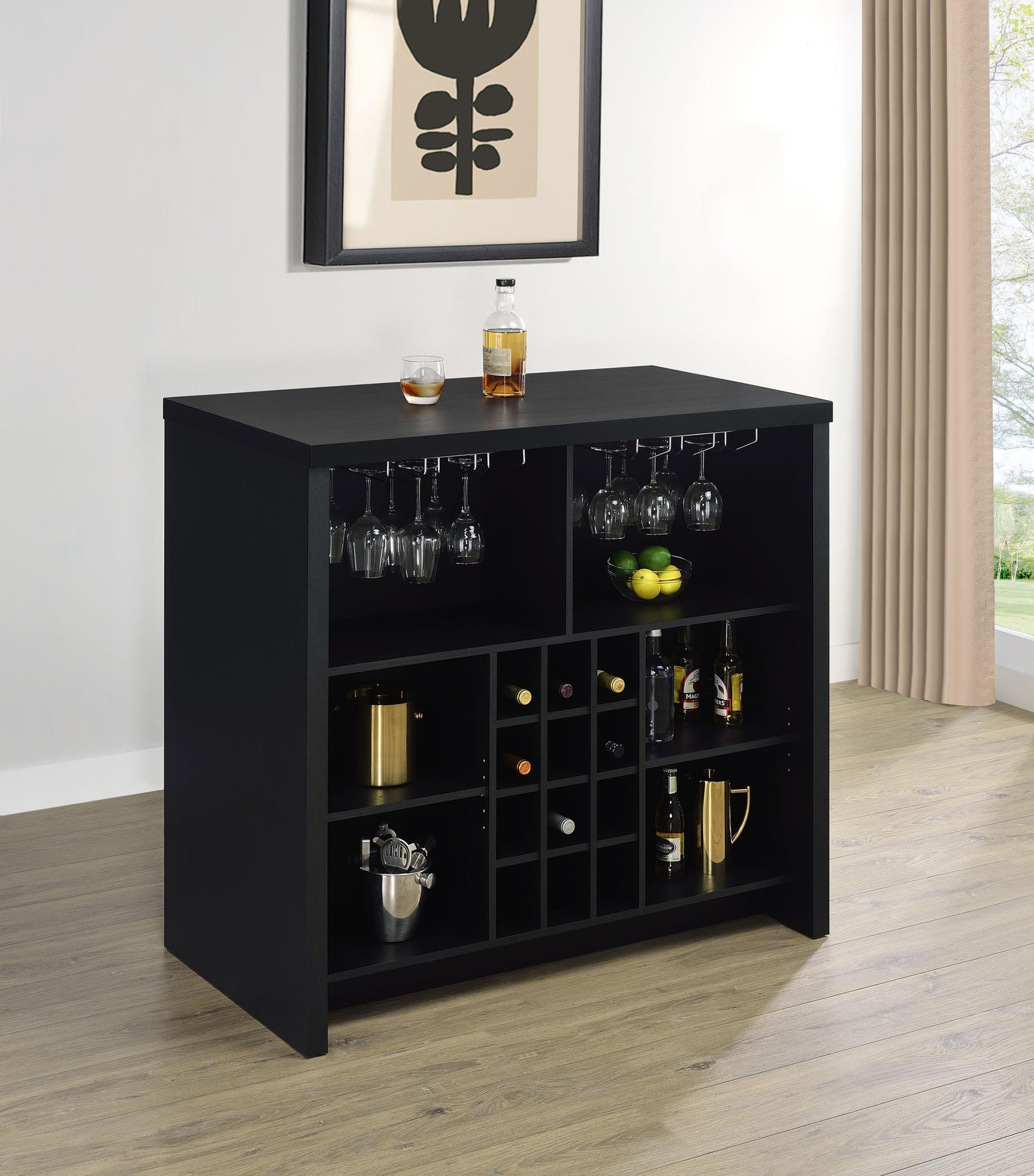 Close-up of wine bottle grid on Topanga home bar