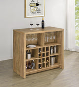 Close-up of metal stemware racks on Topanga home bar