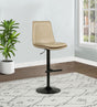 Bar stool seat close-up showing tan leatherette upholstery