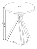 Side angle of Edgerton round bar table highlighting chrome hourglass pedestal base