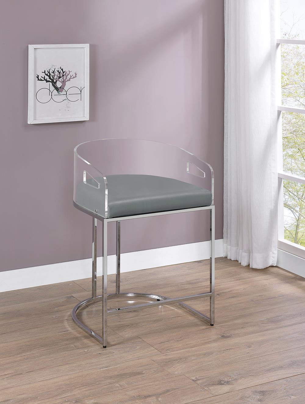 Set of 2 Thermosolis acrylic back counter height stools with grey seats and chrome metal legs