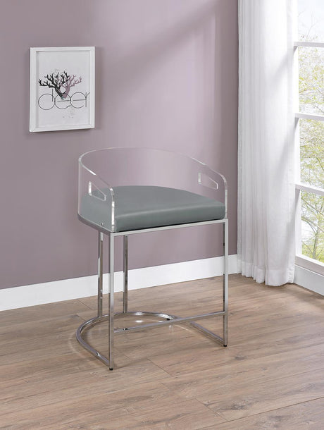 Set of 2 Thermosolis acrylic back counter height stools with grey seats and chrome metal legs