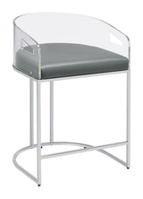 Side view of Thermosolis counter height stool showing acrylic curved back and padded grey seat