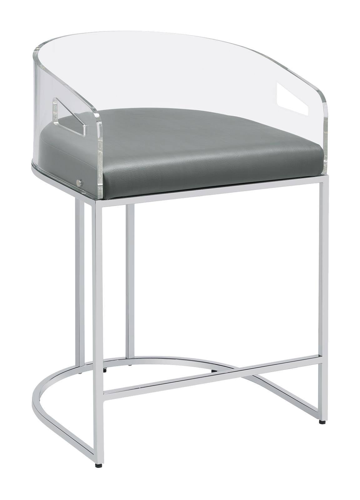 Side view of Thermosolis counter height stool showing acrylic curved back and padded grey seat