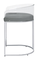 Front view highlighting curved clear acrylic backrest and grey leatherette cushion