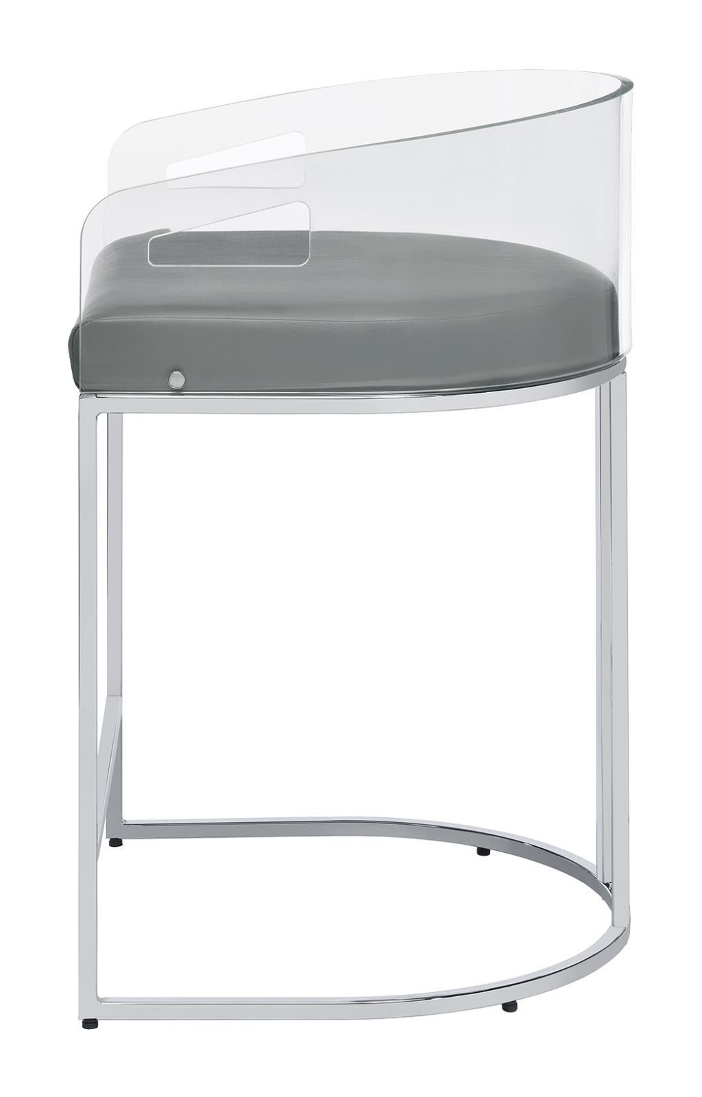 Front view highlighting curved clear acrylic backrest and grey leatherette cushion