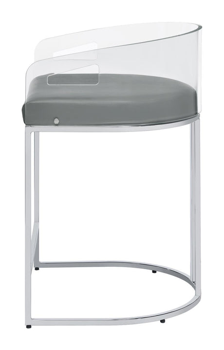 Front view highlighting curved clear acrylic backrest and grey leatherette cushion