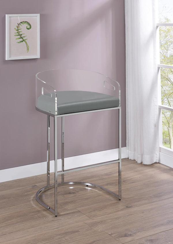 Thermosolis Acrylic Back Bar Stools side view showing curved acrylic back and chrome legs