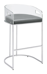 Grey leatherette cushioned seat on Thermosolis Acrylic Back Bar Stool