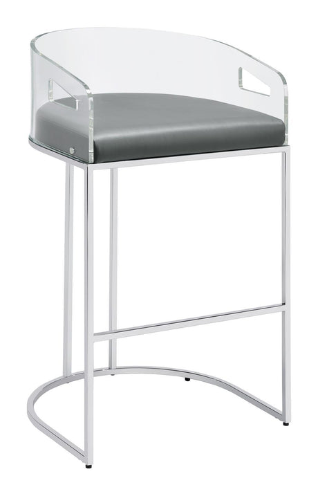 Grey leatherette cushioned seat on Thermosolis Acrylic Back Bar Stool