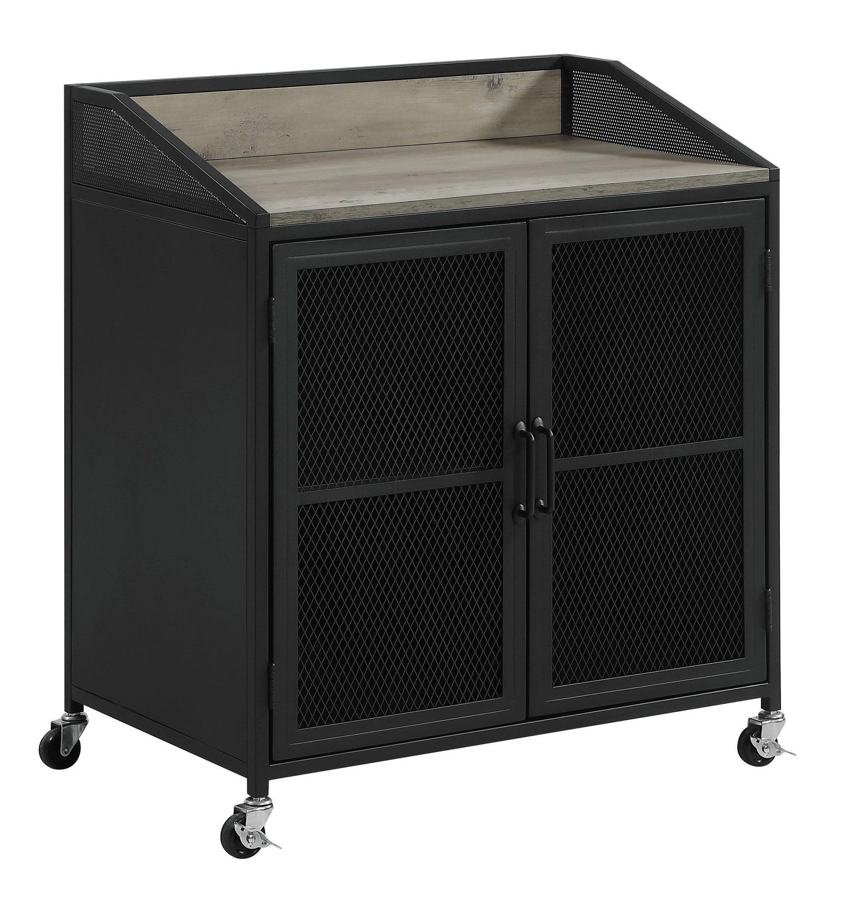 Side profile of Arlette Wine Cabinet highlighting steel frame and rolling casters