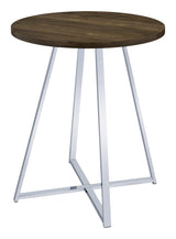 Burkhart round bar table brown oak top and chrome sled base close-up