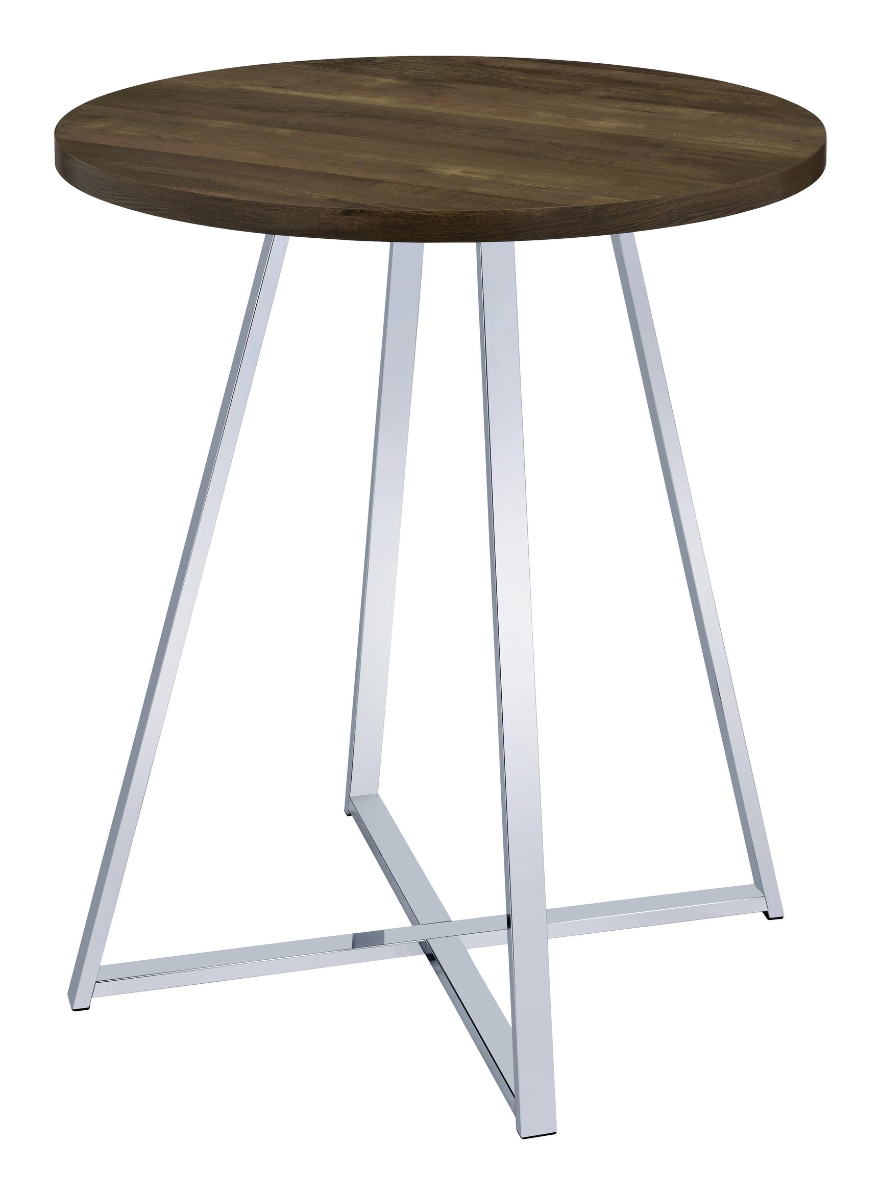 Burkhart round bar table brown oak top and chrome sled base close-up