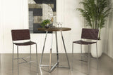 Burkhart round bar table brown oak top and chrome sled base side view