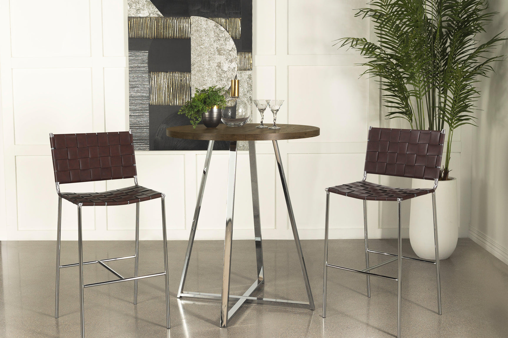 Burkhart round bar table brown oak top and chrome sled base side view