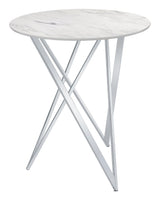 Side angle of Bexter faux marble bar table showing metal shelves