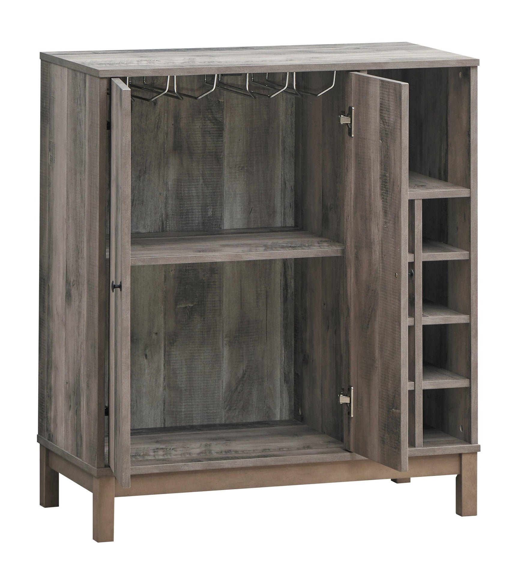 Cheyenne Wine Cabinet side angle showing bottle cubbies and open shelf