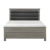 Kie gray upholstered eastern king panel bed angled front