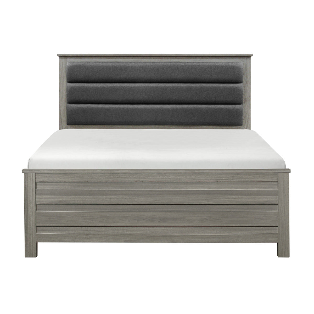 Kie gray upholstered eastern king panel bed angled front