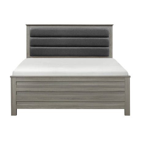 Kie gray upholstered eastern king panel bed angled front