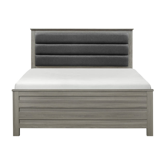 Kie gray upholstered eastern king panel bed angled front