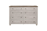 Front view of Nashville two-tone antique white and brown panel bed with dresser